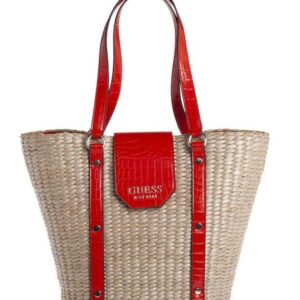 Guess Tote-Shopper Strandtasche Sommertasche PALOMA aus Rattan mit Schultergurt und Logo ist ein  Shopper aus natürlichem Rattan und Polyurethan